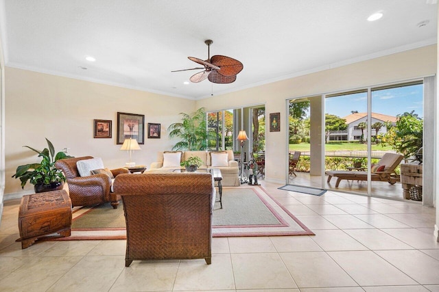 112 Palm Bay Dr Unit A, Palm Beach Gardens, FL 33418 - living area featuring a ceiling fan, recessed lighting, ornamental molding, and light tile patterned floors