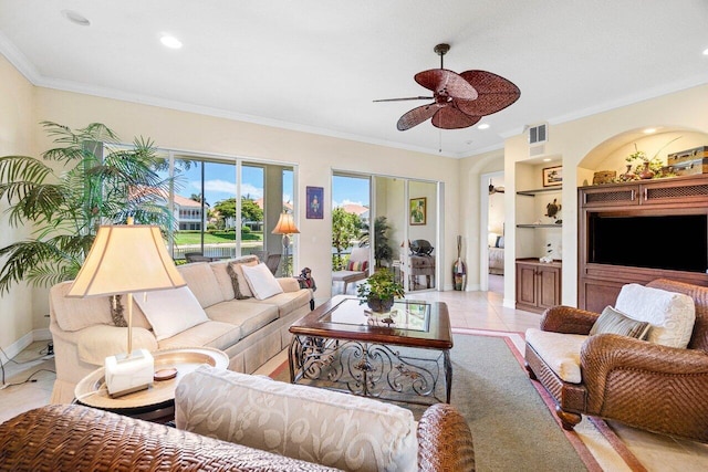 112 Palm Bay Dr Unit A, Palm Beach Gardens, FL 33418 - living area with built in features, a ceiling fan, ornamental molding, recessed lighting, and tile patterned flooring