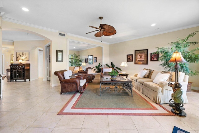 112 Palm Bay Dr Unit A, Palm Beach Gardens, FL 33418 - living room featuring arched walkways, ceiling fan, recessed lighting, ornamental molding, and light tile patterned floors