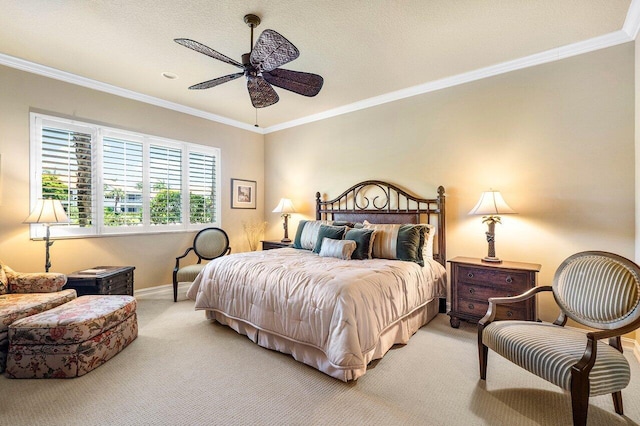 112 Palm Bay Dr Unit A, Palm Beach Gardens, FL 33418 - bedroom featuring light carpet, ornamental molding, and a ceiling fan