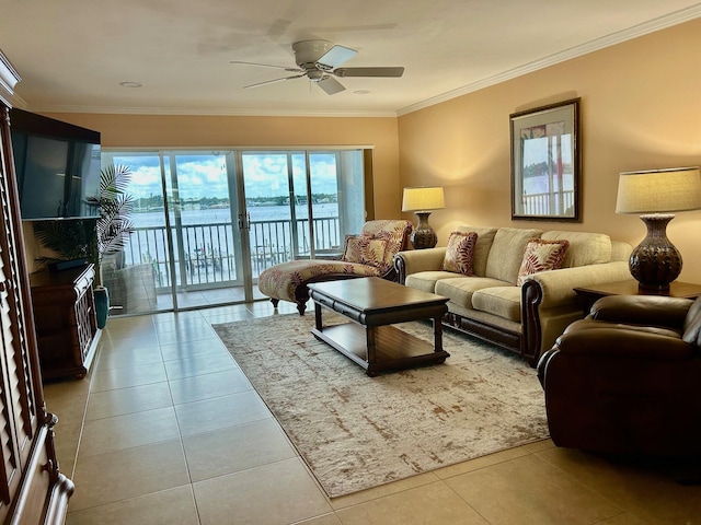 1868 SW Palm City Rd Unit 304, Stuart, FL 34994 - tiled living room with a ceiling fan, a water view, and ornamental molding