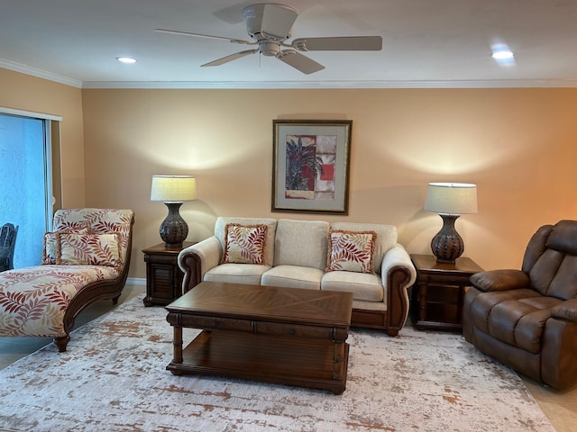 1868 SW Palm City Rd Unit 304, Stuart, FL 34994 - living room featuring a ceiling fan, crown molding, and recessed lighting