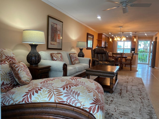 1868 SW Palm City Rd Unit 304, Stuart, FL 34994 - tiled bedroom featuring freestanding refrigerator, ornamental molding, a chandelier, and recessed lighting