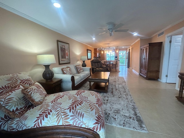 1868 SW Palm City Rd Unit 304, Stuart, FL 34994 - living area with ornamental molding, a ceiling fan, a chandelier, and recessed lighting