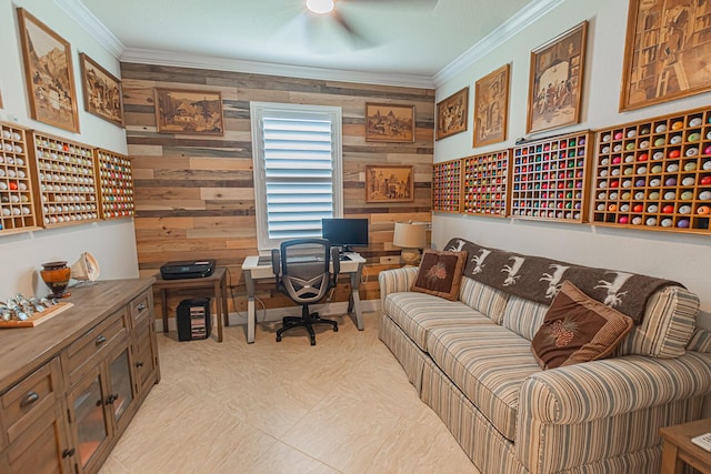 12736 SW Cattleya Ln, Port Saint Lucie, FL 34987 - office space with crown molding, wood walls, and ceiling fan