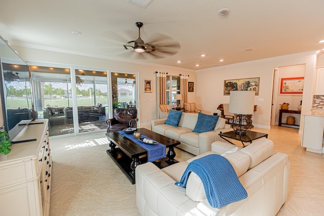 12736 SW Cattleya Ln, Port Saint Lucie, FL 34987 - living area featuring ceiling fan, crown molding, recessed lighting, and light tile patterned flooring