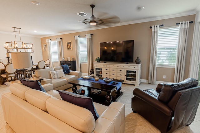12736 SW Cattleya Ln, Port Saint Lucie, FL 34987 - living area featuring a ceiling fan, ornamental molding, and a chandelier