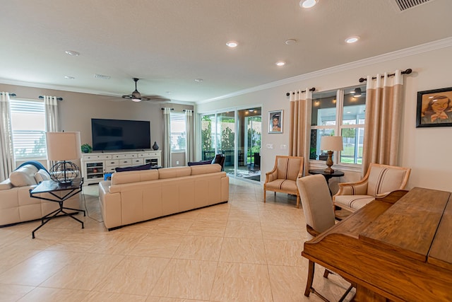 12736 SW Cattleya Ln, Port Saint Lucie, FL 34987 - living room featuring ornamental molding, ceiling fan, recessed lighting, and light tile patterned floors