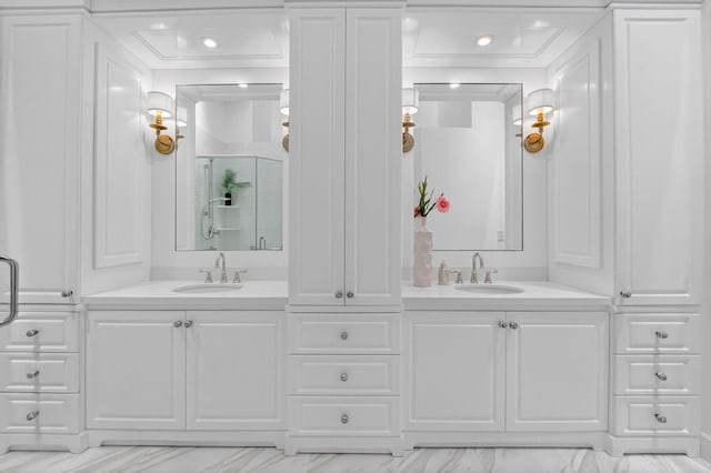 574 Emerald Way E, Deerfield Beach, FL 33442 - bathroom with a shower stall, double vanity, marble finish flooring, and recessed lighting