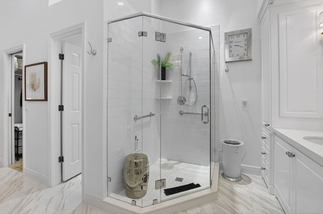 574 Emerald Way E, Deerfield Beach, FL 33442 - bathroom with a shower stall, vanity, and marble finish floors