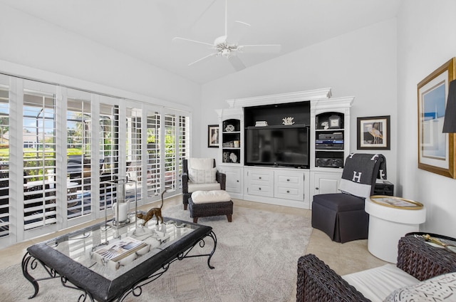 574 Emerald Way E, Deerfield Beach, FL 33442 - living room featuring a ceiling fan, high vaulted ceiling, and light tile patterned floors