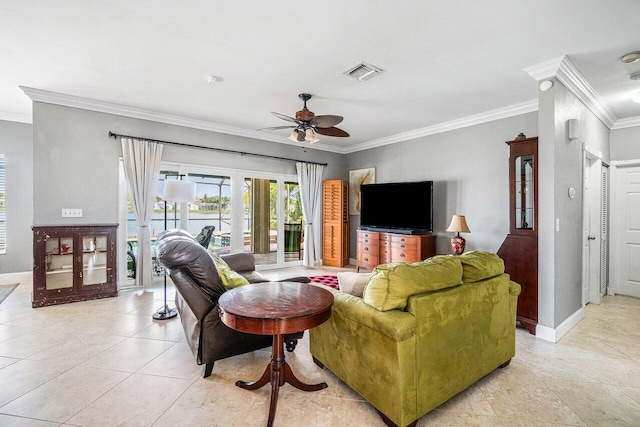 7141 Charleston Point Dr, Lake Worth, FL 33467 - living room featuring crown molding, ceiling fan, and light tile patterned floors