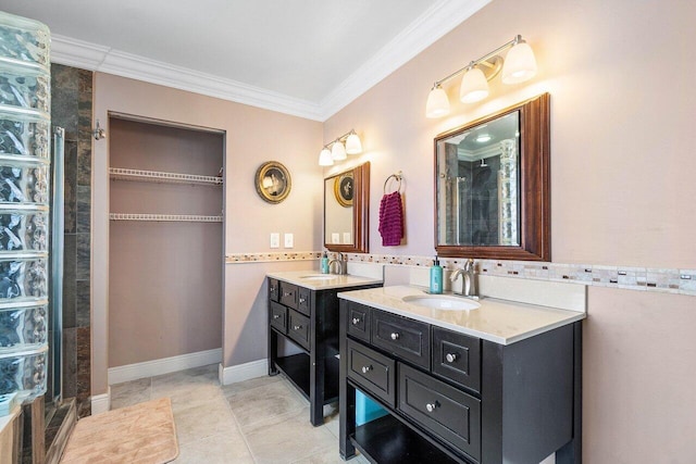 7141 Charleston Point Dr, Lake Worth, FL 33467 - bathroom with crown molding, two vanities, tiled shower, and tile patterned floors