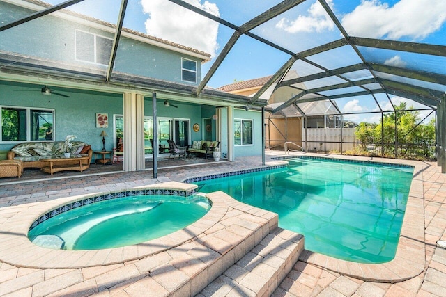 7141 Charleston Point Dr, Lake Worth, FL 33467 - view of pool with an outdoor hangout area, a ceiling fan, a patio area, and a pool with connected hot tub