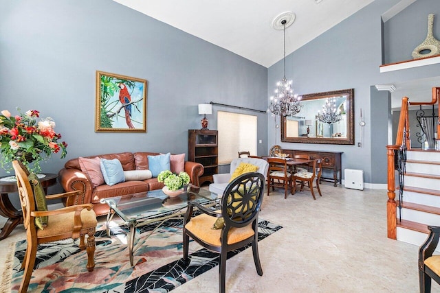 7141 Charleston Point Dr, Lake Worth, FL 33467 - living room featuring high vaulted ceiling, a chandelier, and stairs