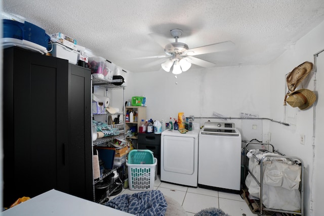 1395 SW 46 Th Ave, Fort Lauderdale, FL 33317 - laundry area with washing machine and dryer, ceiling fan, a textured ceiling, and light tile patterned floors