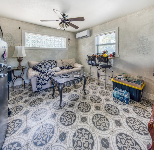 624 10th Ave N, Lake Worth Beach, FL 33460 - living room featuring an AC wall unit, healthy amount of natural light, ceiling fan, and a textured wall