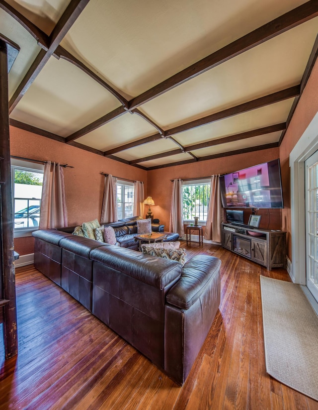 624 10th Ave N, Lake Worth Beach, FL 33460 - living room featuring hardwood / wood-style flooring, healthy amount of natural light, beam ceiling, and coffered ceiling