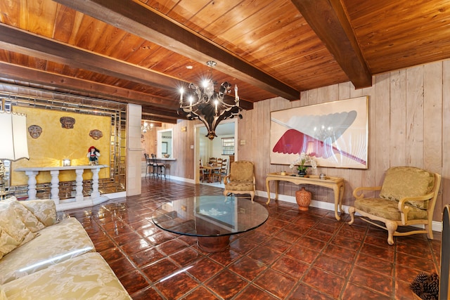 918 Grace Ave, Lake Worth, FL 33461 - living room featuring a wood ceiling with exposed beams, wooden walls, and a chandelier