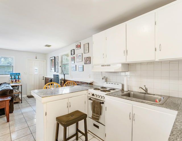 918 Grace Ave, Lake Worth, FL 33461 - kitchen featuring under cabinet range hood, white range with electric stovetop, a peninsula, and white cabinetry