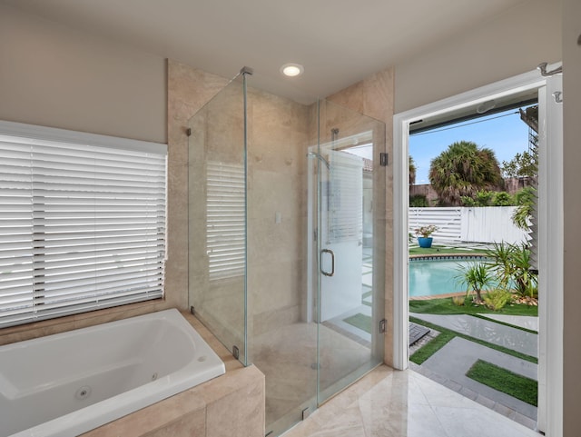 1598 SW 19th St, Boca Raton, FL 33486 - full bathroom with a stall shower, a jetted tub, and recessed lighting