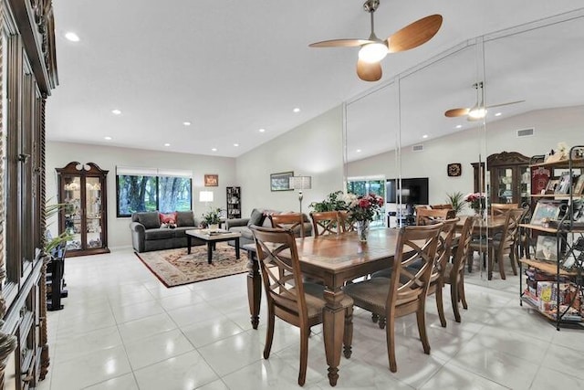 18619 Breezy Palm Way, Boca Raton, FL 33496 - dining room featuring vaulted ceiling, a ceiling fan, and recessed lighting
