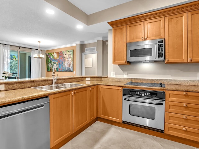 2 Renaissance Way Unit 302, Boynton Beach, FL 33426 - kitchen featuring stainless steel appliances, ornamental molding, a chandelier, light tile patterned flooring, and recessed lighting