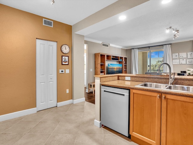 2 Renaissance Way Unit 302, Boynton Beach, FL 33426 - kitchen featuring stainless steel dishwasher, open floor plan, crown molding, light countertops, and light tile patterned floors