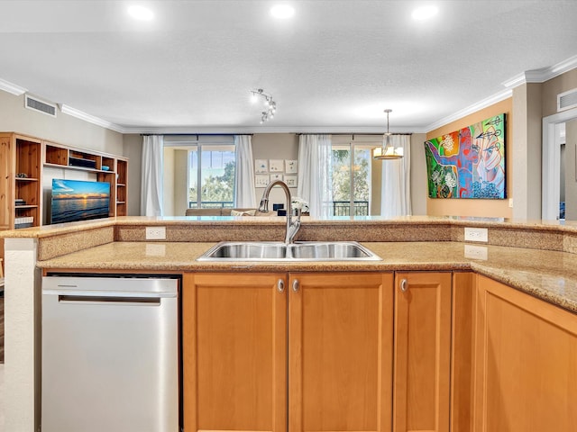 2 Renaissance Way Unit 302, Boynton Beach, FL 33426 - kitchen featuring stainless steel dishwasher, ornamental molding, a textured ceiling, a chandelier, and hanging light fixtures