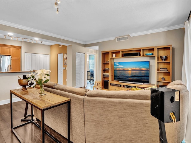 2 Renaissance Way Unit 302, Boynton Beach, FL 33426 - living area featuring track lighting, wood finished floors, and crown molding