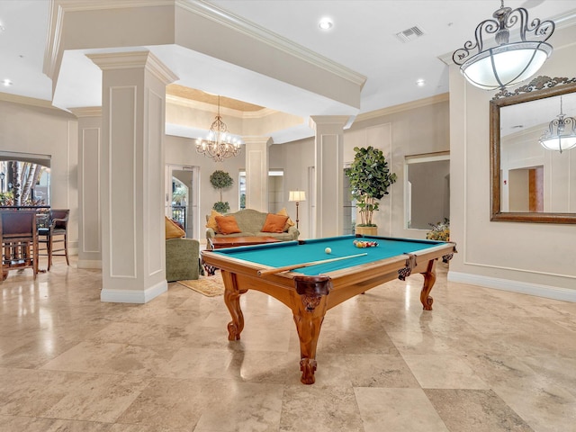 2 Renaissance Way Unit 302, Boynton Beach, FL 33426 - recreation room with ornamental molding, decorative columns, a chandelier, billiards, and recessed lighting