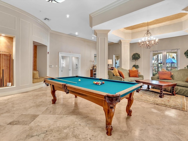 2 Renaissance Way Unit 302, Boynton Beach, FL 33426 - playroom featuring crown molding, french doors, a decorative wall, billiards table, and decorative columns