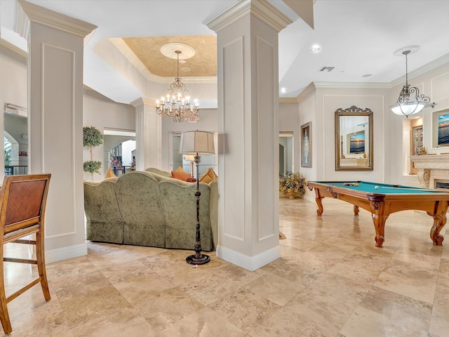 2 Renaissance Way Unit 302, Boynton Beach, FL 33426 - rec room with crown molding, ornate columns, billiards table, a chandelier, and a tray ceiling