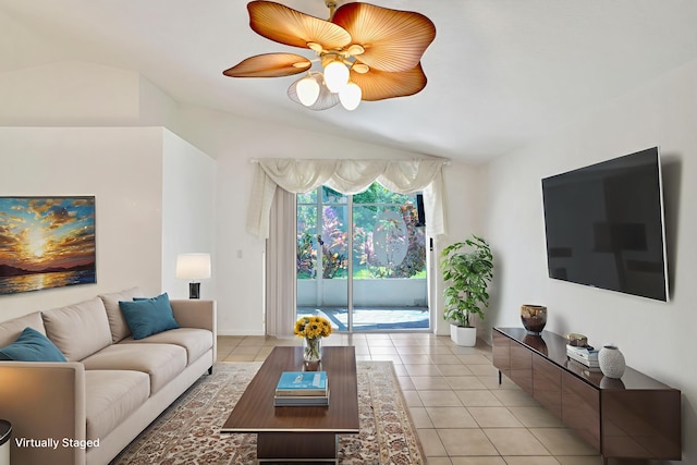 8140 Palm Gate Dr, Boynton Beach, FL 33436 - living room with light tile patterned floors, ceiling fan, and vaulted ceiling