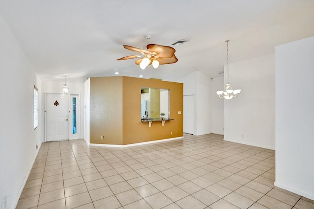 8140 Palm Gate Dr, Boynton Beach, FL 33436 - unfurnished living room with a ceiling fan, a chandelier, light tile patterned flooring, and lofted ceiling