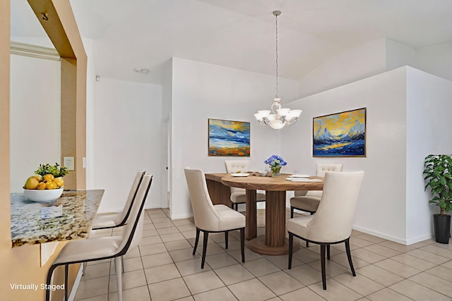 8140 Palm Gate Dr, Boynton Beach, FL 33436 - dining space with light tile patterned floors, a chandelier, and lofted ceiling