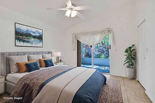 8140 Palm Gate Dr, Boynton Beach, FL 33436 - bedroom with access to exterior, light tile patterned floors, lofted ceiling, and a ceiling fan