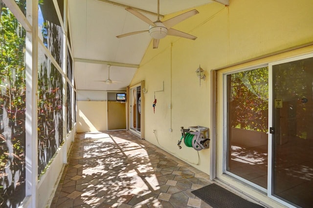 8140 Palm Gate Dr, Boynton Beach, FL 33436 - unfurnished sunroom with ceiling fan and vaulted ceiling