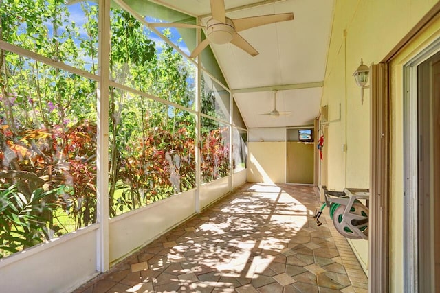 8140 Palm Gate Dr, Boynton Beach, FL 33436 - unfurnished sunroom with ceiling fan and lofted ceiling