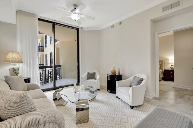 701 S Olive Ave Unit 1208, West Palm Beach, FL 33401 - living room featuring ceiling fan and ornamental molding