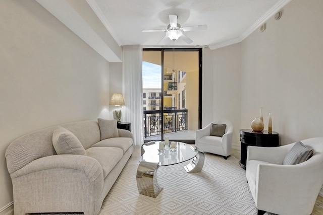 701 S Olive Ave Unit 1208, West Palm Beach, FL 33401 - living room featuring floor to ceiling windows, ceiling fan, ornamental molding, and light colored carpet