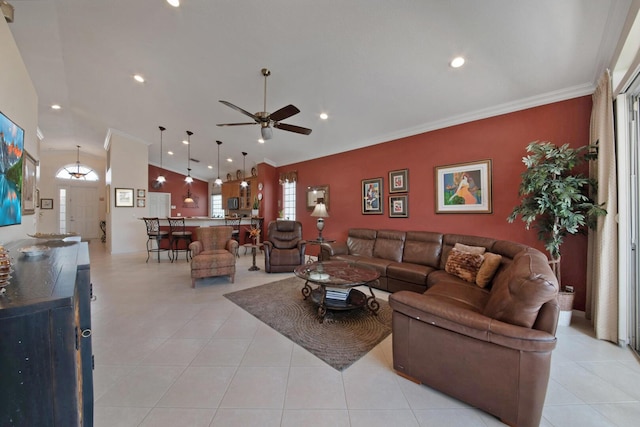 7052 Cataluna Cir, Delray Beach, FL 33446 - living area featuring crown molding, a ceiling fan, lofted ceiling, light tile patterned flooring, and recessed lighting