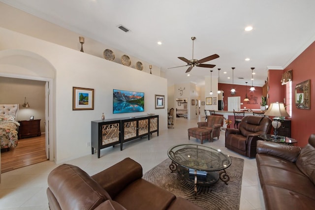 7052 Cataluna Cir, Delray Beach, FL 33446 - living room with ceiling fan, light tile patterned floors, and recessed lighting