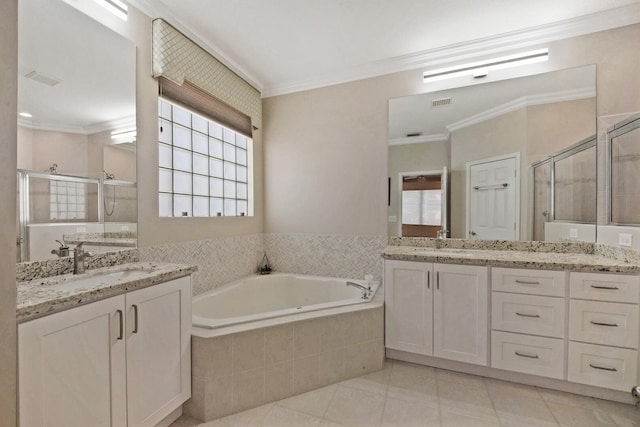 7052 Cataluna Cir, Delray Beach, FL 33446 - full bath featuring crown molding, two vanities, a stall shower, a bath, and tile patterned flooring