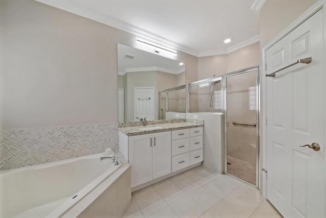 7052 Cataluna Cir, Delray Beach, FL 33446 - bathroom featuring ornamental molding, vanity, a bath, a stall shower, and tile patterned floors