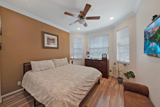 7052 Cataluna Cir, Delray Beach, FL 33446 - bedroom with crown molding, wood finished floors, recessed lighting, and ceiling fan