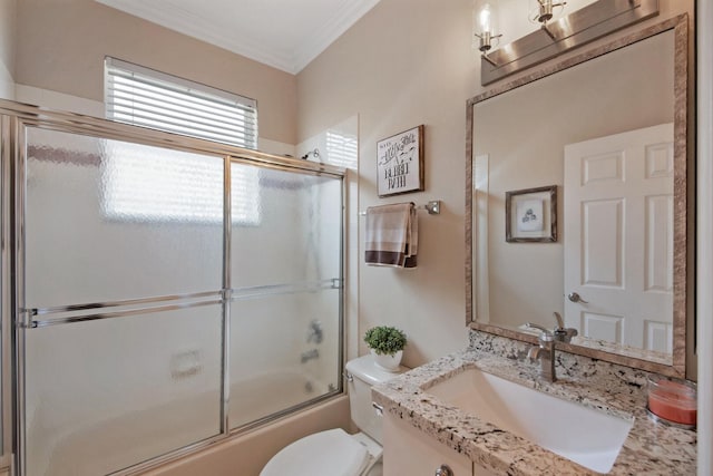 7052 Cataluna Cir, Delray Beach, FL 33446 - full bathroom with vanity, shower / bath combination with glass door, and ornamental molding