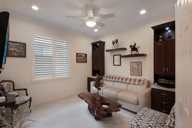 7052 Cataluna Cir, Delray Beach, FL 33446 - living area with a ceiling fan, recessed lighting, crown molding, and light tile patterned floors