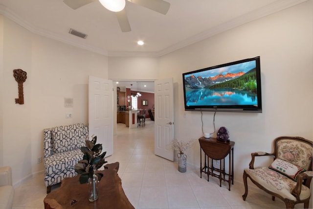 7052 Cataluna Cir, Delray Beach, FL 33446 - living area with light tile patterned floors, ornamental molding, ceiling fan, and recessed lighting