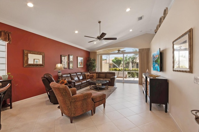 7052 Cataluna Cir, Delray Beach, FL 33446 - living room with ceiling fan, recessed lighting, vaulted ceiling, crown molding, and light tile patterned flooring
